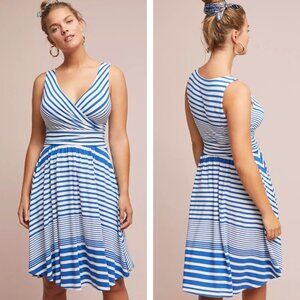 Anthropologie Maeve Kythira White & Blue Striped Dress M Greece Vacation sz L
